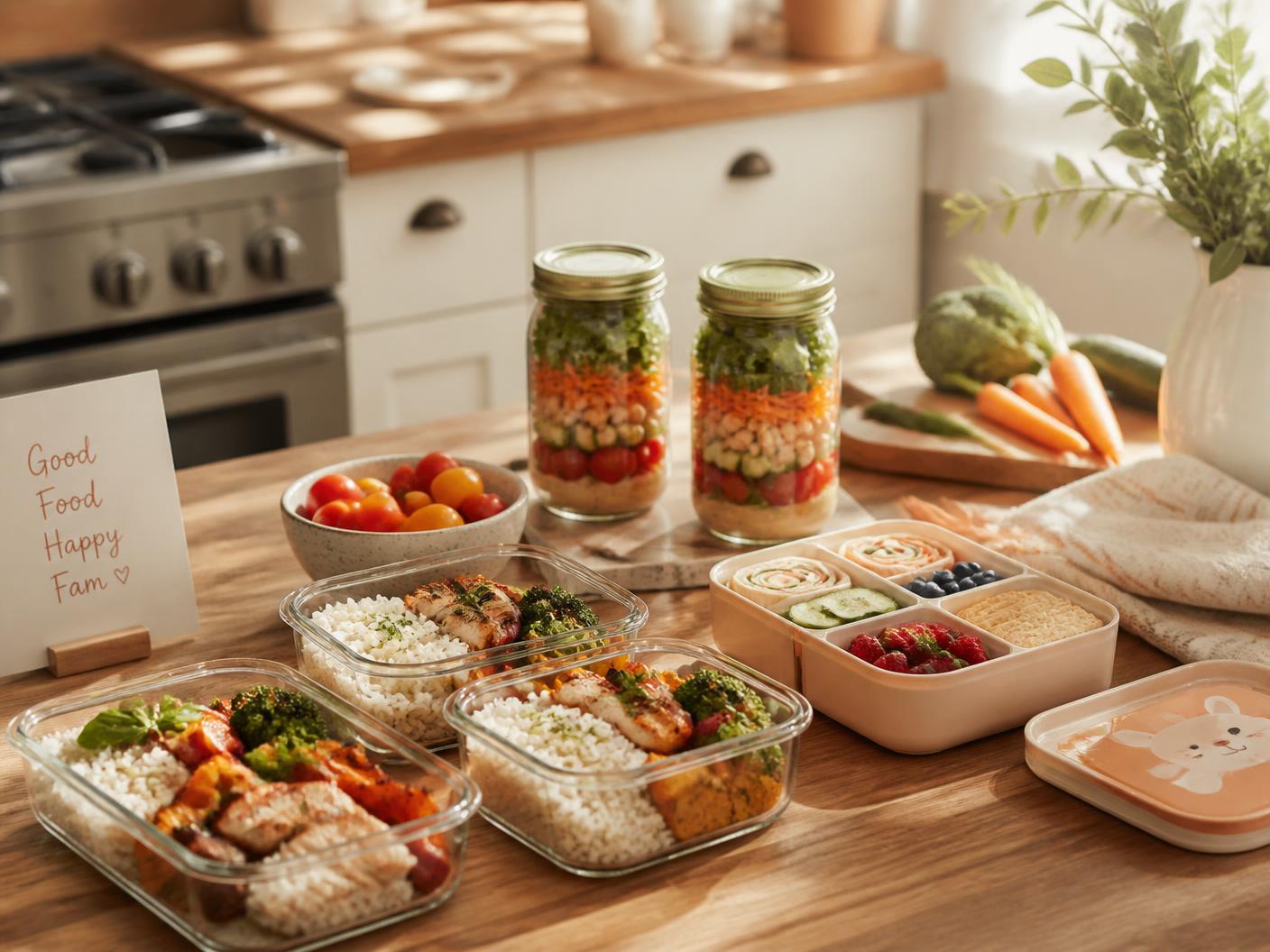 Family meal prep containers, mason jar salads, a lunchbox and fresh vegetables on a warm kitchen counter